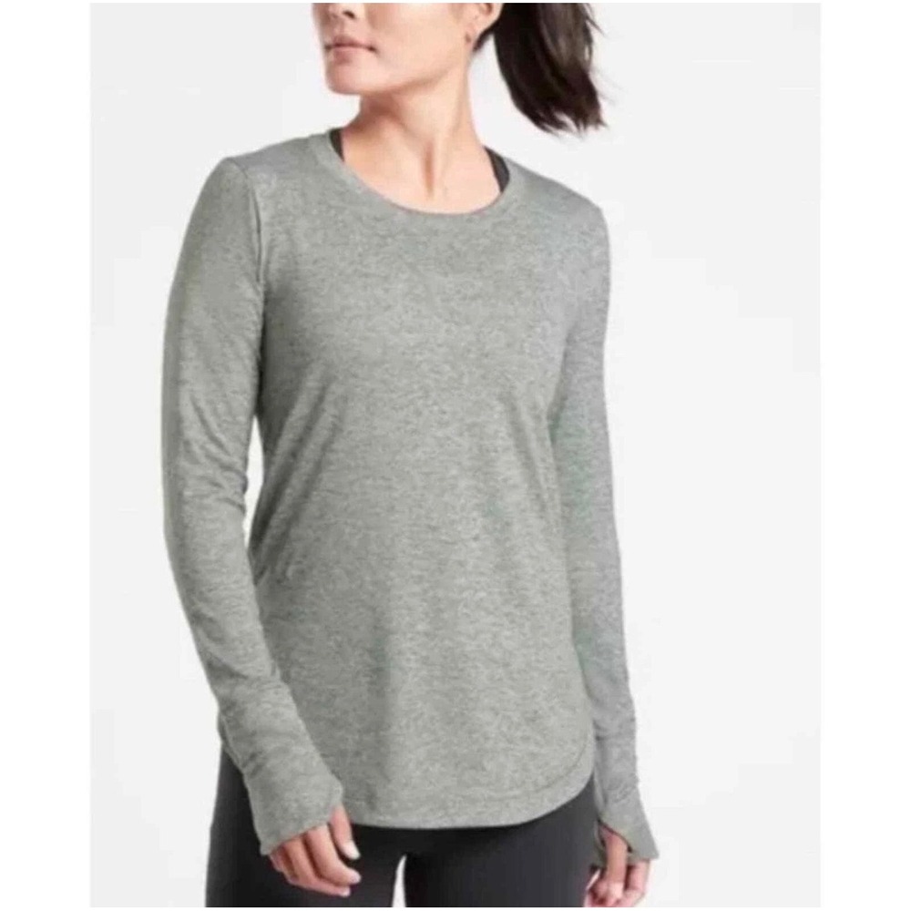 Athleta Uptempo Curved Hem Long Sleeve Top Heathered Green Sz S Hiking Gropcore